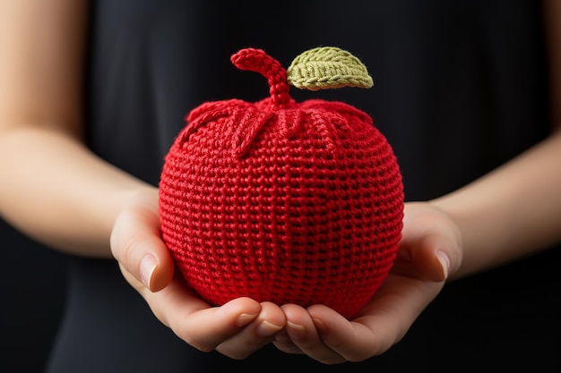 Mela di giocattolo crochetata realistica tenuta in mano