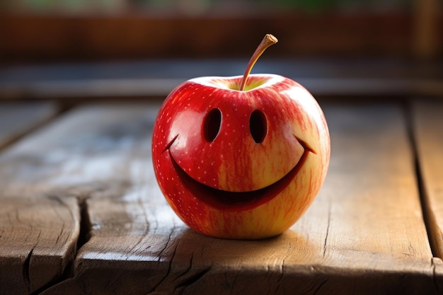 Mela fresca scolpita con faccina sorridente su un tavolo di legno rustico