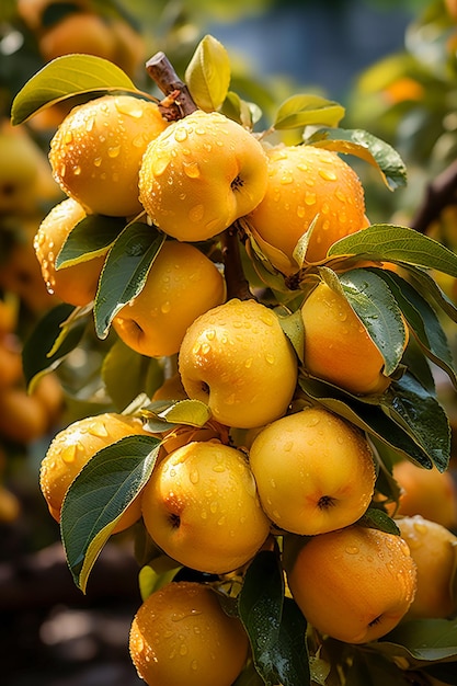 Mela Golden Delicious appesa all'albero foto realistica generata dall'intelligenza artificiale