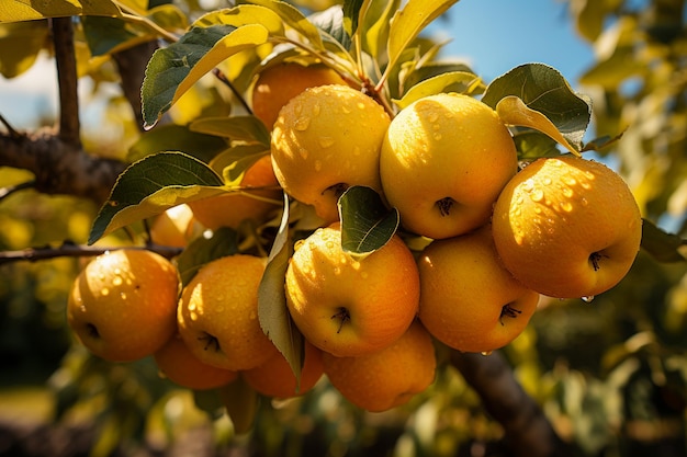 Mela Golden Delicious appesa all'albero foto realistica generata dall'intelligenza artificiale