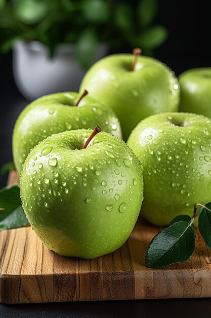 Mela Granny Smith su sfondo di legno nella foto realistica della stanza della cucina generata dall'intelligenza artificiale