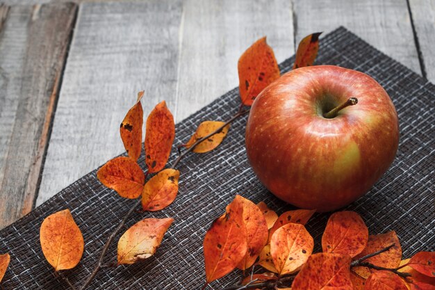 Mela matura di autunno sui fogli dell'arancio