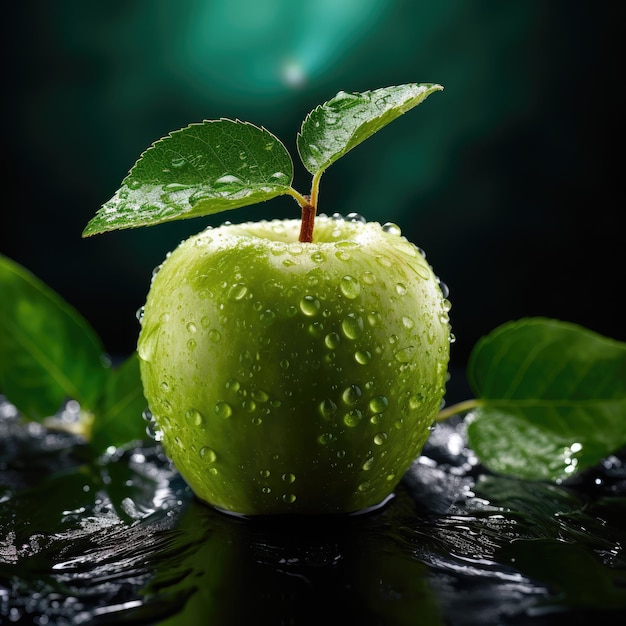 Mela verde con gocce d'acqua su di essa e la mela verde è bagnata.