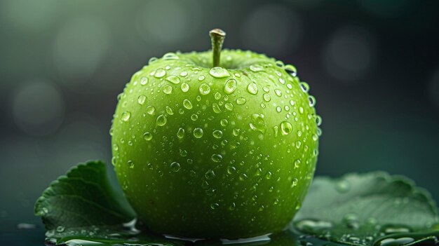 Mela verde con gocce d'acqua su uno sfondo verde Closeup