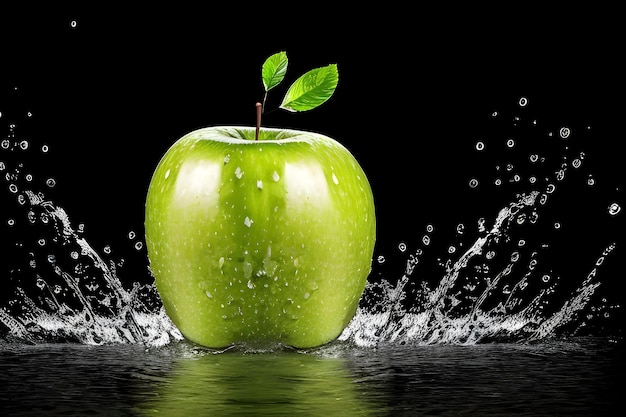 Mela verde in acqua su sfondo nero Spruzzi d'acqua