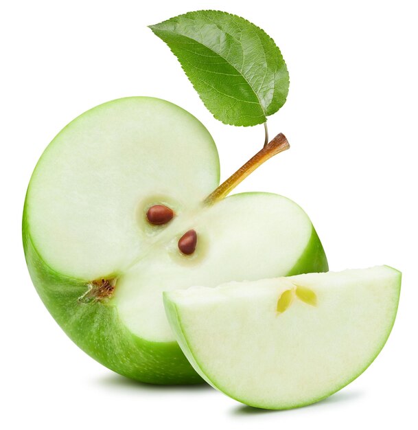 Mela verde Mela con foglie isolate su sfondo bianco Tracciato di ritaglio Apple