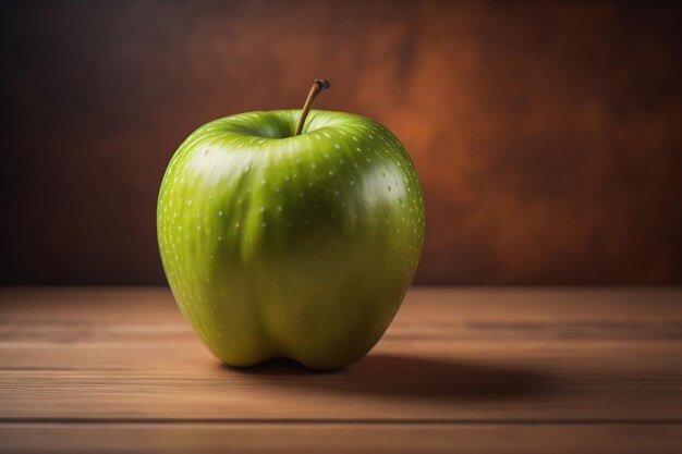 Mela verde su un tavolo di legno con sfondo scuro profondità di campo poco profonda Il concetto di alimentazione sana ai generativa