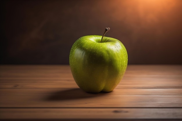 Mela verde su un tavolo di legno con sfondo scuro profondità di campo poco profonda Il concetto di alimentazione sana ai generativa