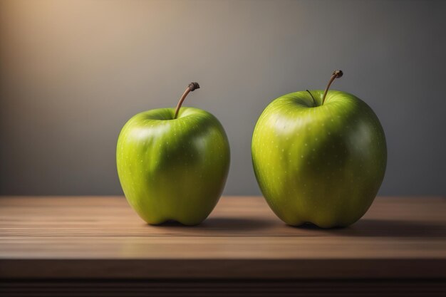 Mela verde su un tavolo di legno con sfondo scuro profondità di campo poco profonda Il concetto di alimentazione sana è generativo