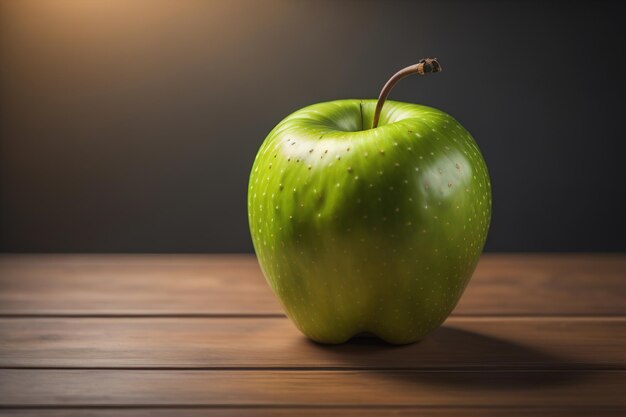 Mela verde su un tavolo di legno con sfondo scuro profondità di campo poco profonda Il concetto di alimentazione sana è generativo