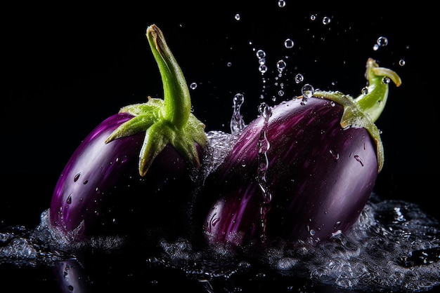 Melanzane con spruzzi d'acqua su sfondo nero