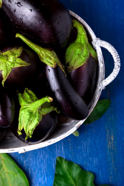 Melanzane fresche in cestino grigio