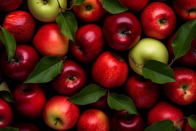 mele diverse con foglie vista dall'alto sfondo di frutti interi
