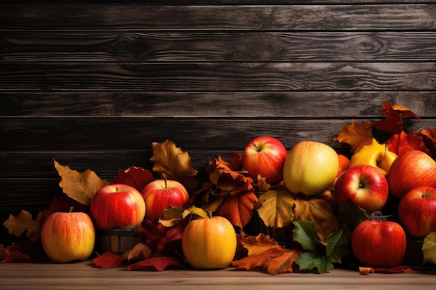 Mele e foglie d'autunno su sfondo di legno Copia spazio Mele zucche e foglie cadute su sfondo di legno AI Generato