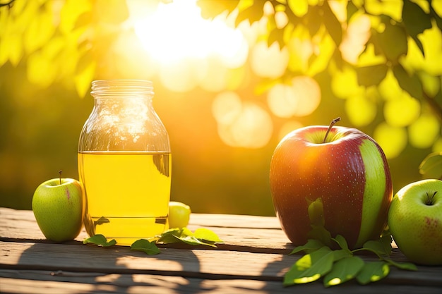 Mele e succo di mela sullo sfondo del frutteto ai generativi