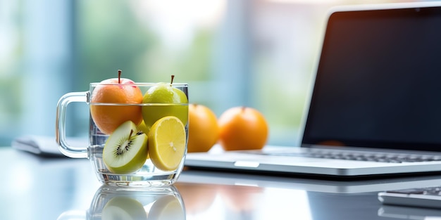 Mele fresche kiwi e arance con nastro adesivo di misurazione e un bicchiere di acqua pulita sul tavolo dell'ufficio
