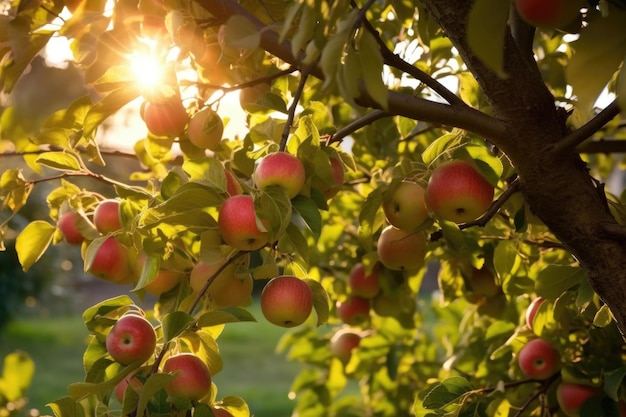 Mele illuminate dal sole sui rami degli alberi pronte per il raccolto create con l'IA generativa