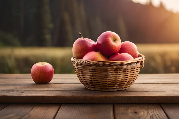 mele in un cestino su un tavolo di legno con un lago sullo sfondo.