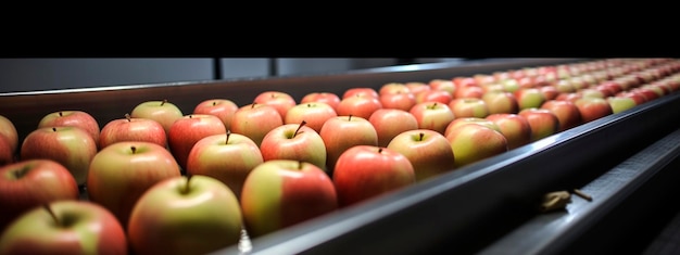 Mele in una fabbrica alimentare pulite e fresche pronte per il confezionamento automatico IA generativa