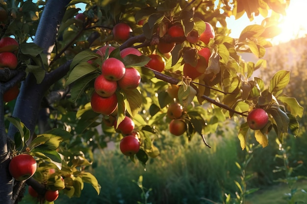 Mele mature che crescono su un albero di mele nel frutteto soleggiato IA generativa