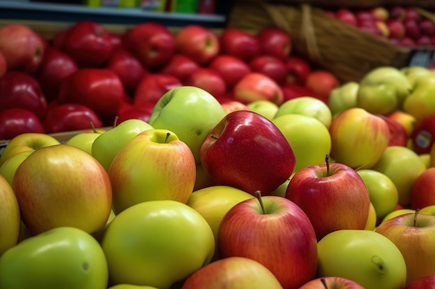 Mele mature fresche esposte magnificamente nel supermercato