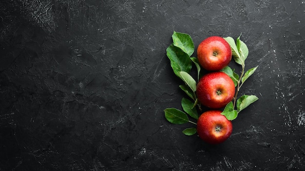 Mele rosse fresche con foglie verdi su sfondo nero Frutta Vista dall'alto Spazio libero per il testo