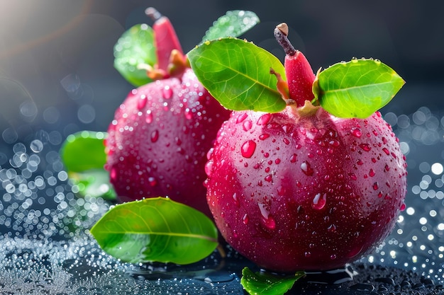 Mele rosse fresche con gocce d'acqua e foglie verdi su uno sfondo scuro per un concetto di alimentazione sana