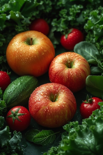 mele rosse fresche pomodori cetrioli e lattuga verde su sfondo scuro