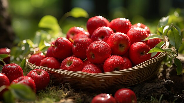 Mele rosse in un cestino sull'erba verde