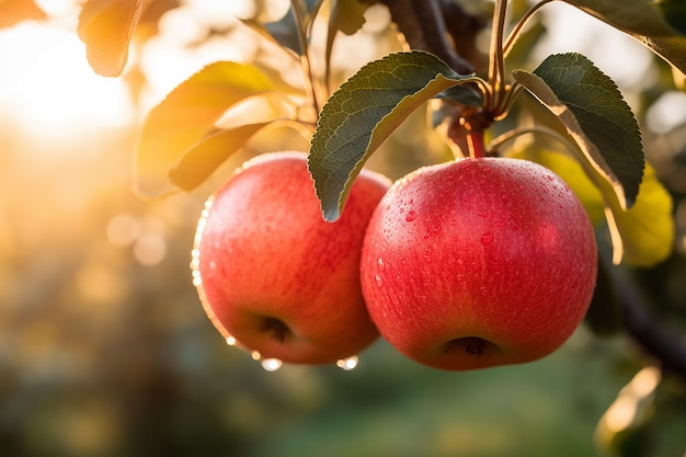 Mele rosse mature che appendono su un ramo