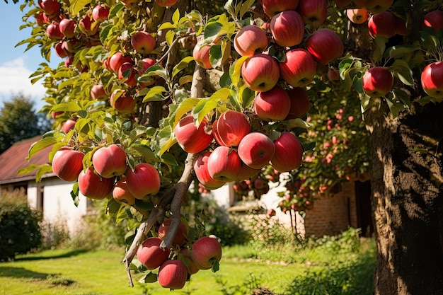 Mele rosse mature su meli pronti per il raccolto in giardino