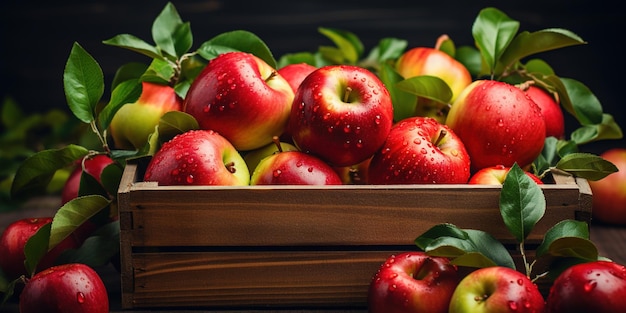 Mele rosse naturali con foglie verdi in scatola di legno con etichetta con testo 100% biologico Concetto di nuova coltura e raccolta Frutta agricola di stagione