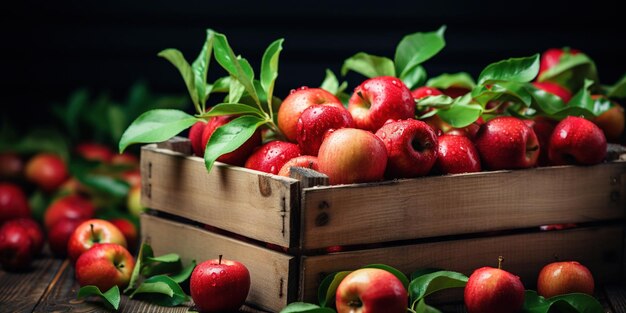 Mele rosse naturali con foglie verdi in scatola di legno con etichetta con testo 100% biologico Concetto di nuova coltura e raccolta Frutta agricola di stagione