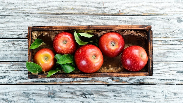 Mele rosse su fondo di legno bianco Frutta Vista dall'alto Spazio libero per il testo