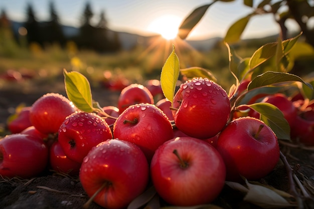 Mele rosse su un campo sotto i raggi del sole al tramonto