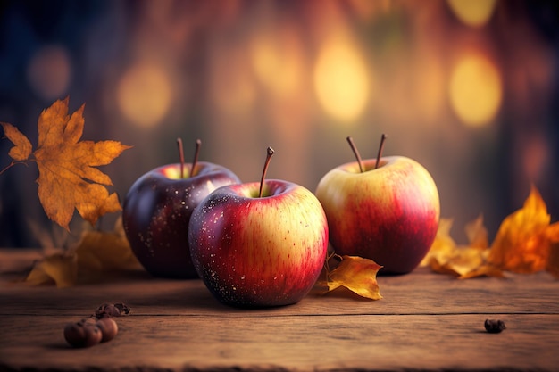 Mele su un tavolo di legno con uno sfondo bokeh di autunno