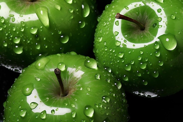 Mele verdi fresche con gocce d'acqua sul primo piano di sfondo nero