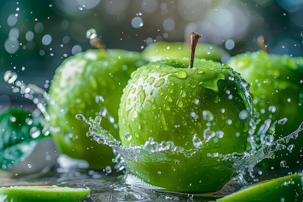 Mele verdi fresche con schizzi d'acqua su uno sfondo sfocato Immagine concettuale vibrante di alimentazione sana