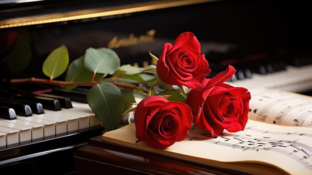 Melodia d'amore Rosa rossa sui tasti del pianoforte e libro di musica un simbolo di armonia romantica