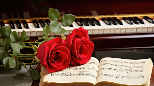 Melodia d'amore Rosa rossa sui tasti del pianoforte e libro di musica un simbolo di armonia romantica