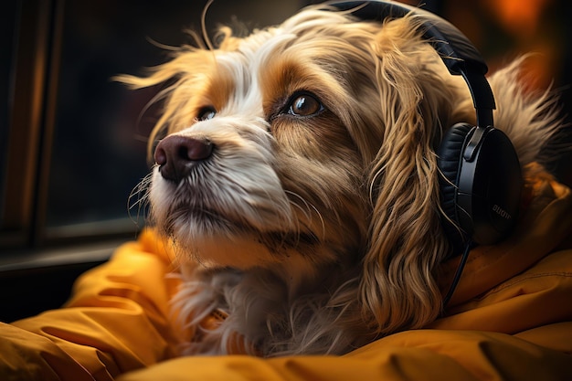 Melodious Bliss Joyful Dog si scatena con la musica con le cuffie Generative AI