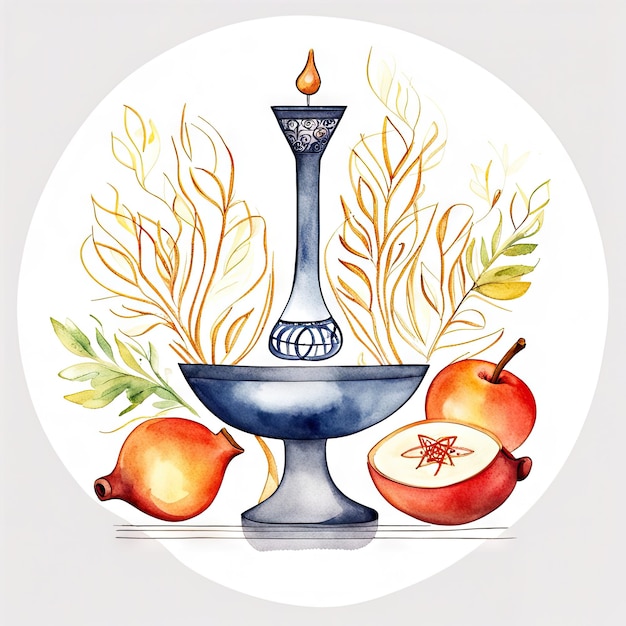 Melograno acquerello e mela con foglie Rosh Hashanah su bianco