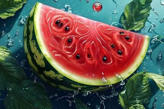 Melona d'acqua fresca con gocce di pioggia Frutta naturale Cibo biologico gustoso e sano Piattaforma di intelligenza artificiale per parchi giochi