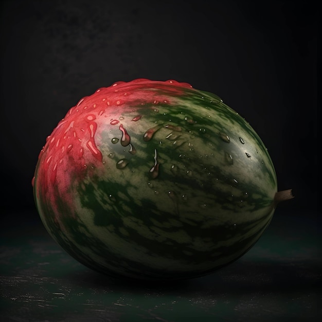 Melone d'acqua maturo con gocce d'acqua su uno sfondo scuro