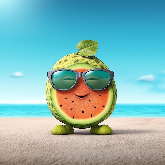 Melone indossa occhiali da sole personaggio di cartone animato in spiaggia ai generato