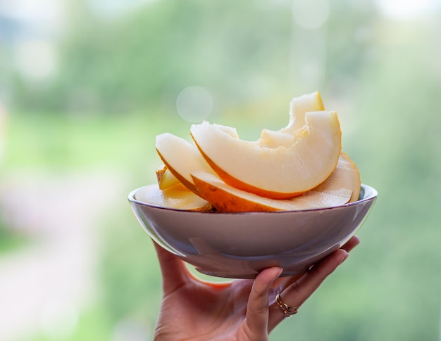 Melone maturo delizioso e dolce tagliato a fette in un piatto