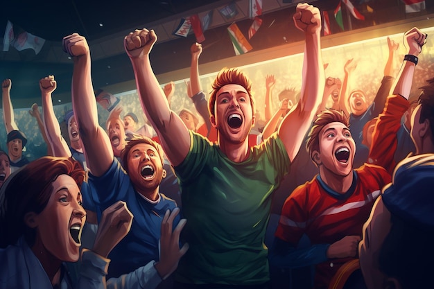 Membri di una squadra di calcio tifano per la propria squadra che gioca in una finale di Coppa Internazionale Tifosi solidali in piedi in un bar esultano alzando le mani e gridando Amici festeggiano la vittoria dopo il gol