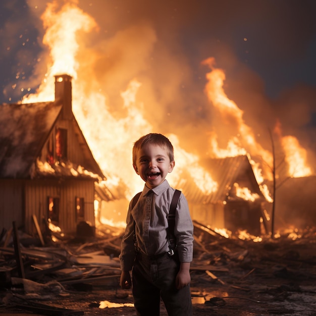 Meme di un ragazzo che sorride alla telecamera mentre la casa brucia