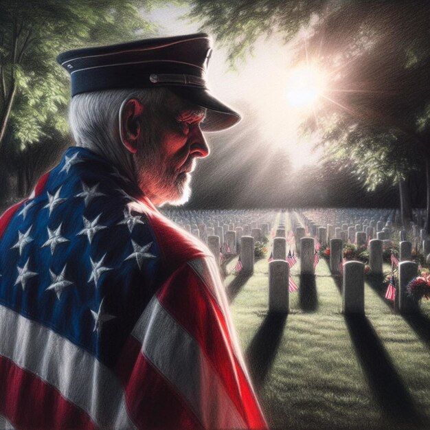 Memorial Whispers Ritratto a carbone di un veterano di guerra adornato con la bandiera americana