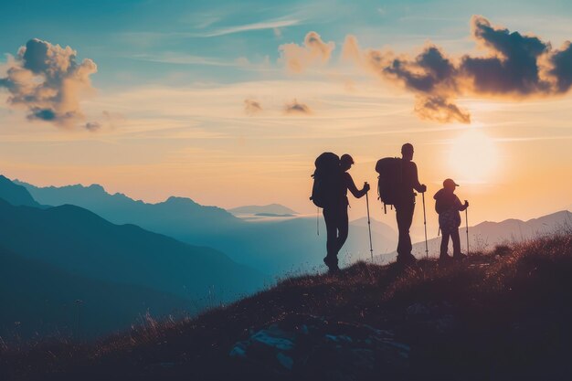 Memorie di montagna Silhouette di famiglia sul sentiero alpino